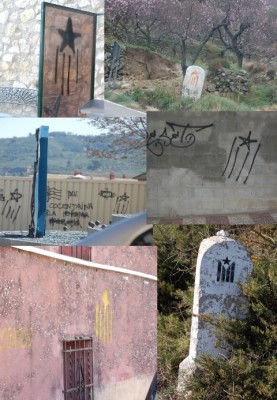 Und dies sind gesammelte Sprühwerke von Verfechtern des Valenciano. Außerdem sieht man viele Schilder, die in Español beschriftet und nachträglich mit Parolen auf Valenciano übersprüht wurden.