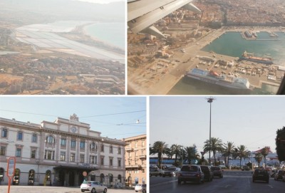 CAGLIARI - verkehrsgünstig gelegen, von oben links nach unten rechts:<br />Salinen - Altstadt mit der Via Roma - Bahnhof - Fährhafen
