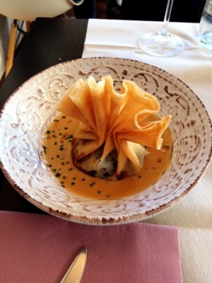 Vorspeise: <br />Knusprige Blutwurst mit karamellisiertem Apfel in Cidresoße