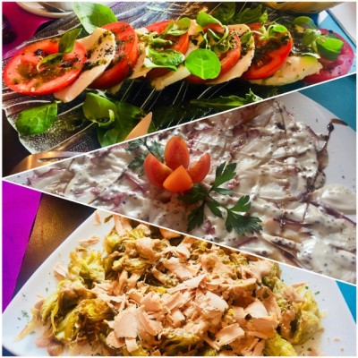 Entradas.JPG (180.08 KiB) 3007 mal betrachtet Ensalada con Mozzarella fresca, tomate y albahaca<br />Carpaccio de Pulpo con mostaza a la antigua y citricos<br />Alachofitas crujientes al Foie