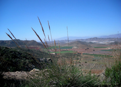 Blick vom „Minenweg“ bei Rodalquilar auf das Cortijo del Fraile <br />und die riesigen Gemüsefelder drum herum.
